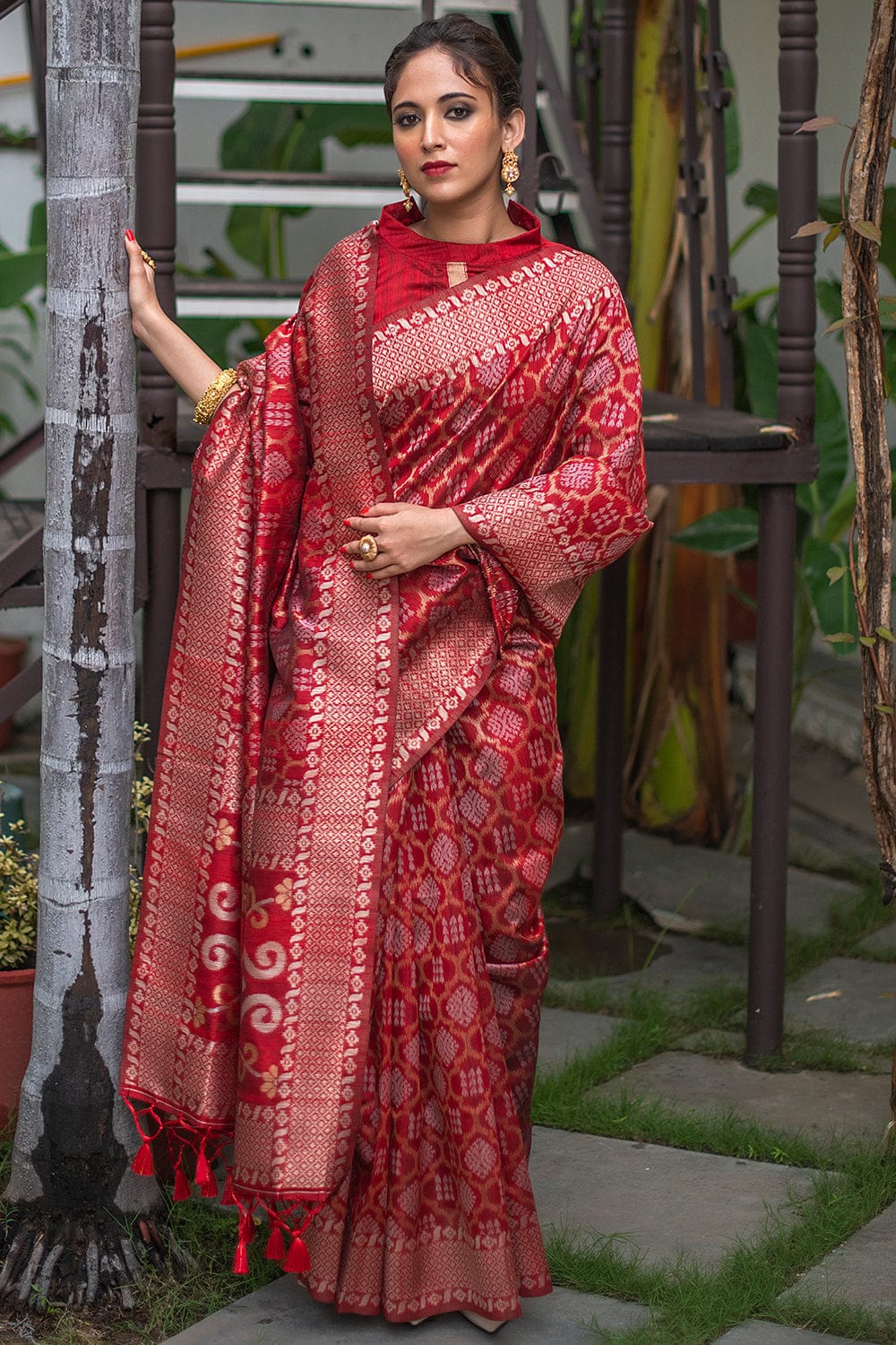 red tussar silk saree