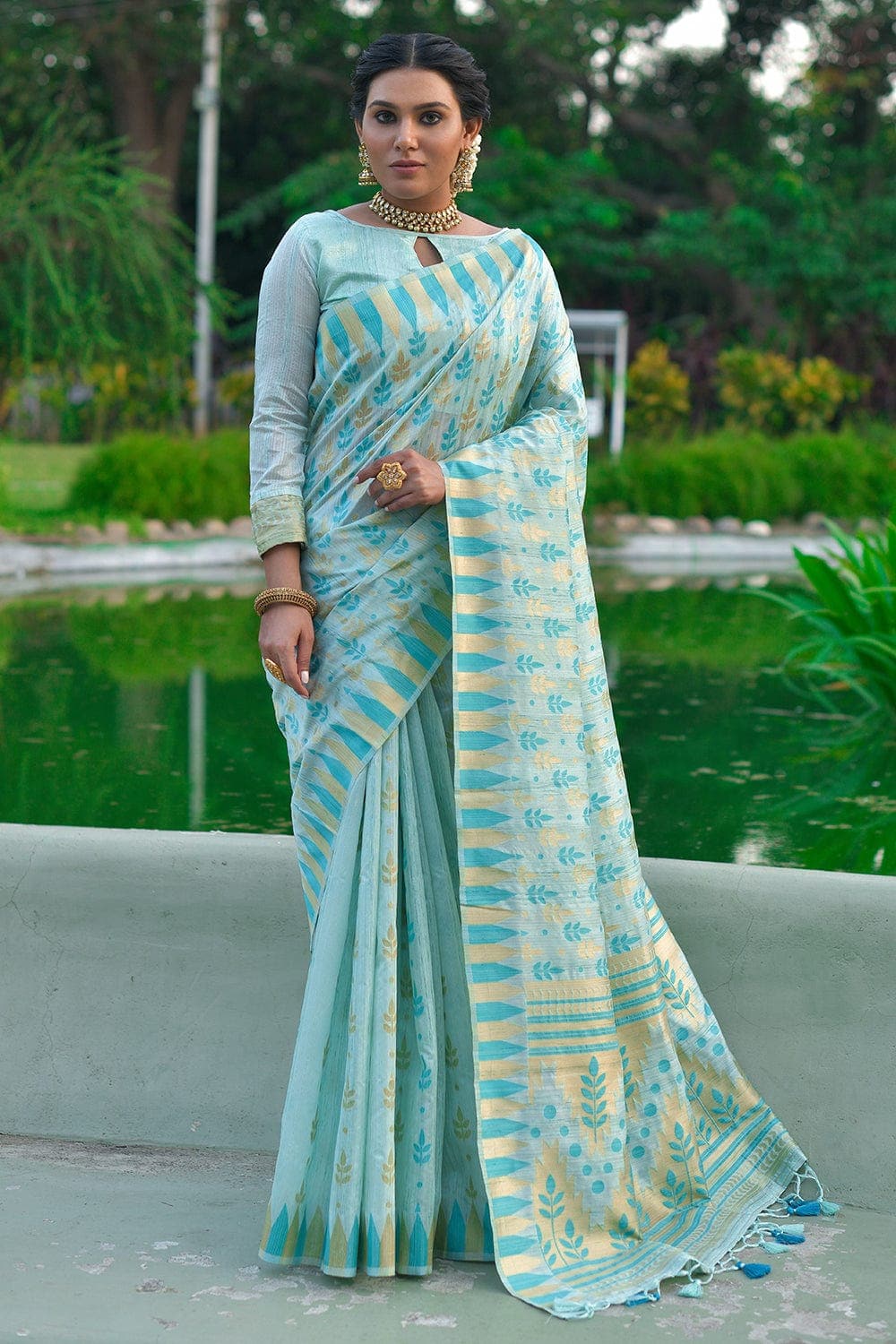 Aqua Blue Tussar Silk Weaving Classic Saree 90409 -