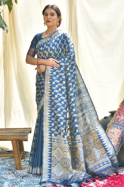 Buy Handwoven Blue Tussar Silk Saree with Beige Kantha Sticth Palla. by  BANKA SILK at Ogaan Market Online Shopping Site