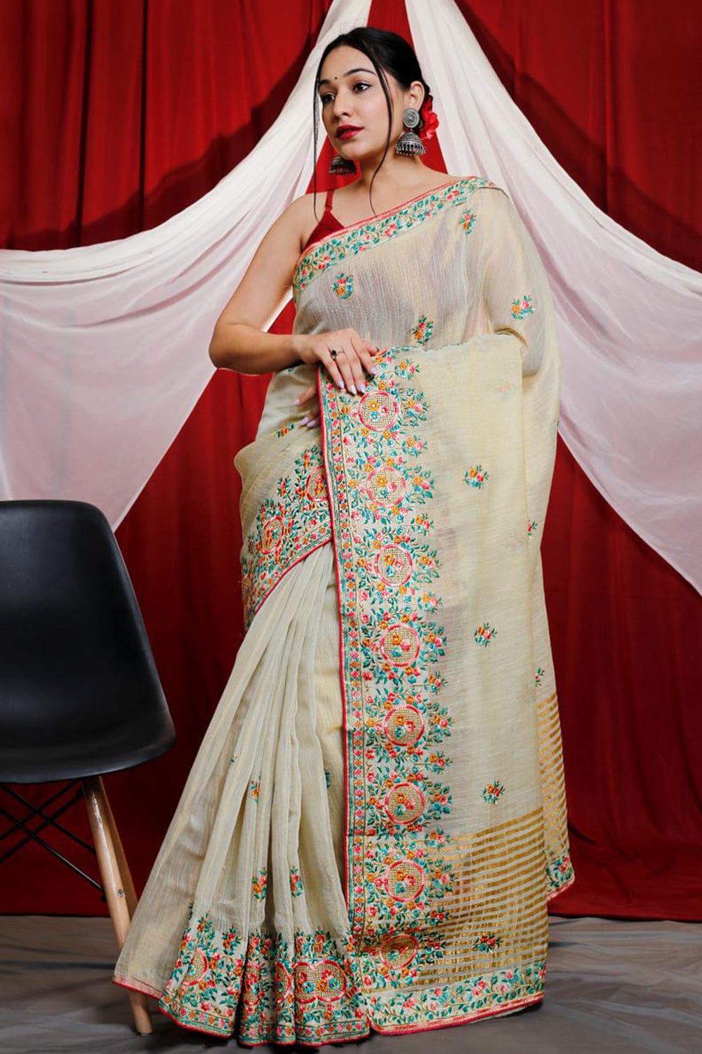 Shop Pink Tussar Silk Katha Work Classic Sari for Women Online : 276638 -