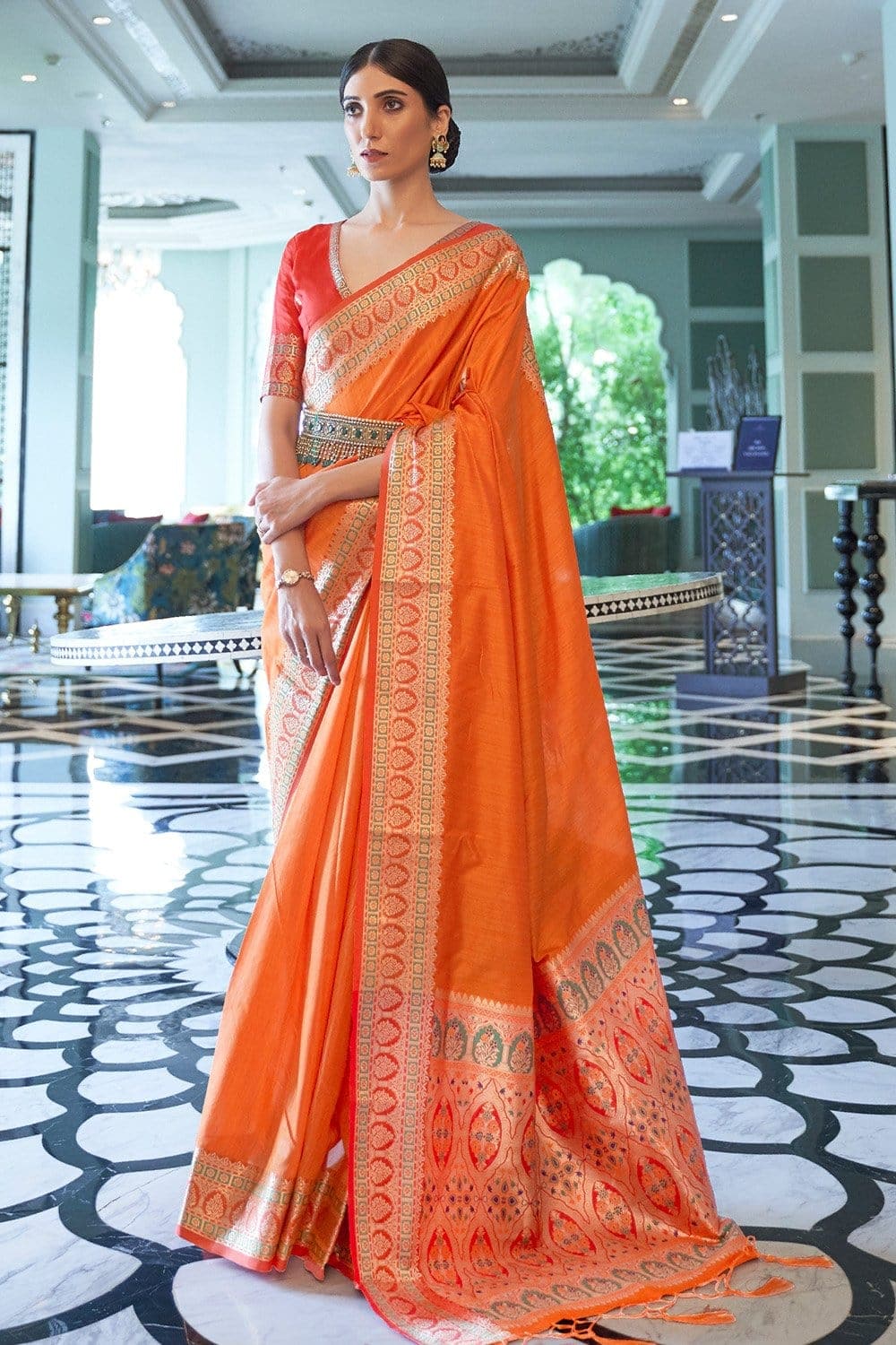 Buy Orange Saree Beads Embellished Pre-draped With Corset Blouse For Women  by Zamoraa The Label Online at Aza Fashions.