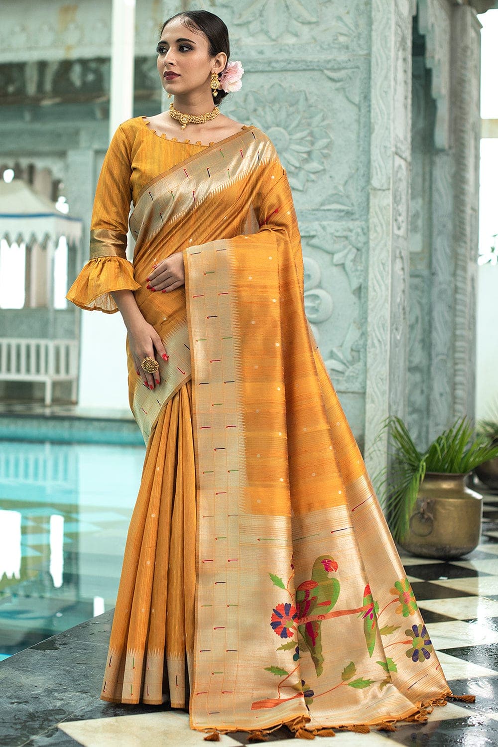 Tussar Silk Saree Marigold Yellow Tussar Silk Saree saree online