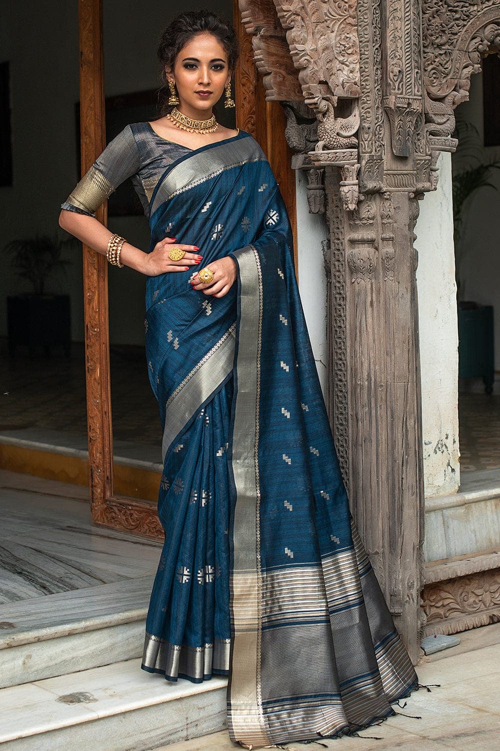 Tussar Silk Saree Navy Blue Tussar Silk Saree saree online