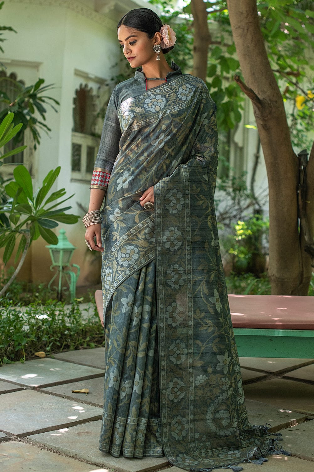 grey tussar silk saree