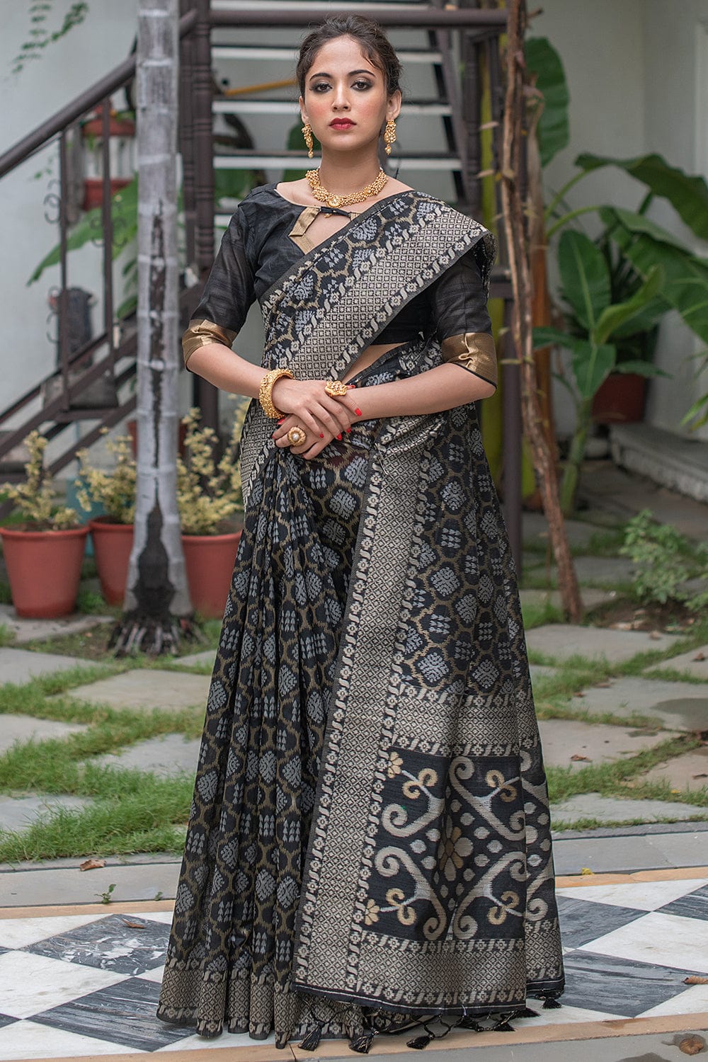 Ebony Black Tussar Silk Saree