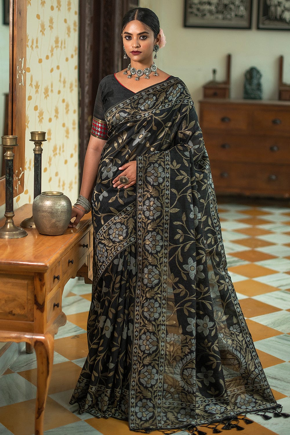 Jabbar Khatri Black Ajrakh Handblock Printed Modal Silk Saree Online –  Okhaistore