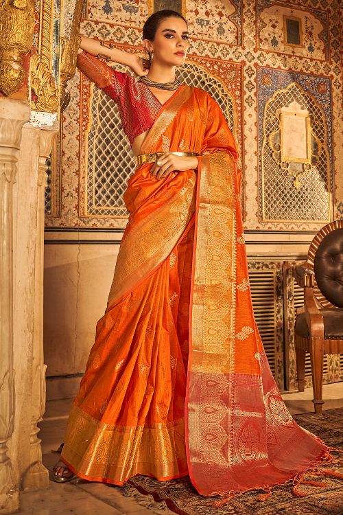 orange tussar silk saree