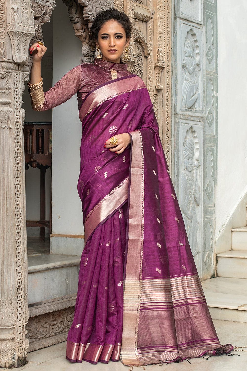 GRAPE WINE COLOR CREPE SILK SAREE WITH GOLD ZARI WITH BLOUSE –  www.soosi.co.in