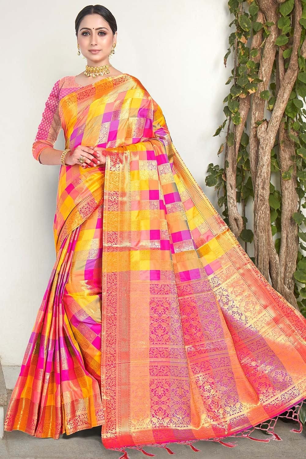 Yellow And Pink Uppada Silk Saree